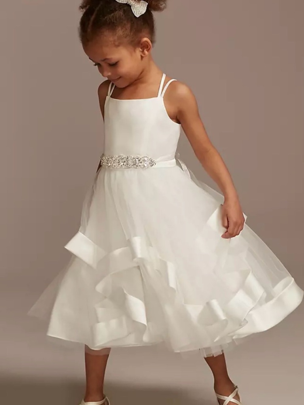 David's Bridal White Formal Dress with Sheer Tulle